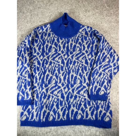 VINTAGE 80s Benetton Sweater Women XL Blue Abstract Knit Pullover Jumper Mohair - Picture 1 of 6